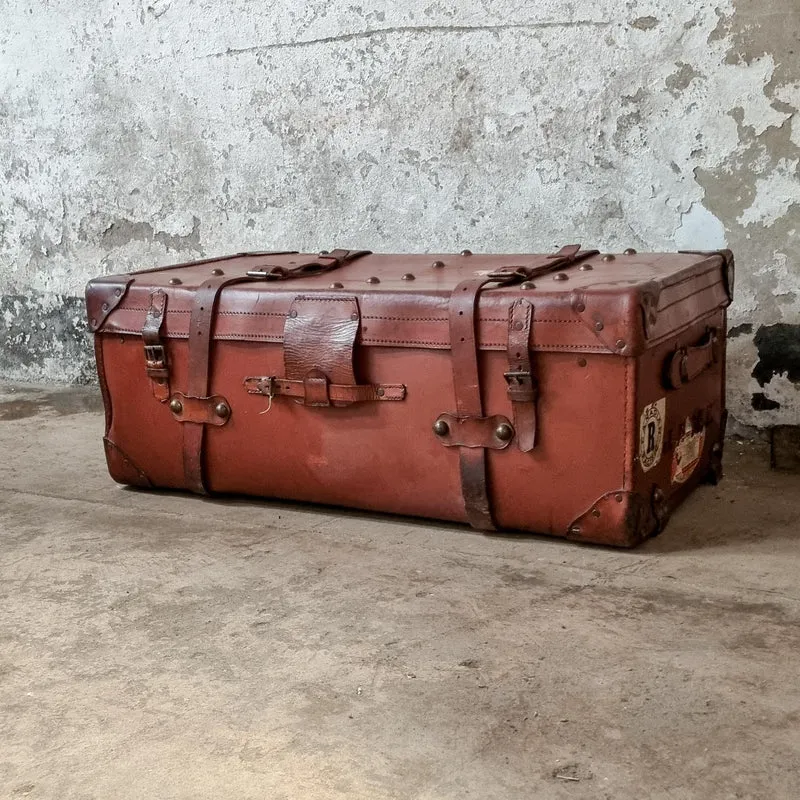 Large Antique Leather and Fibre Travel Trunk